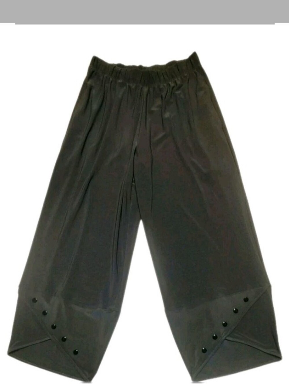 Sun Kim Cropped Wide Leg Pants XS Dark Olive Green Elastic Waist Button Hem